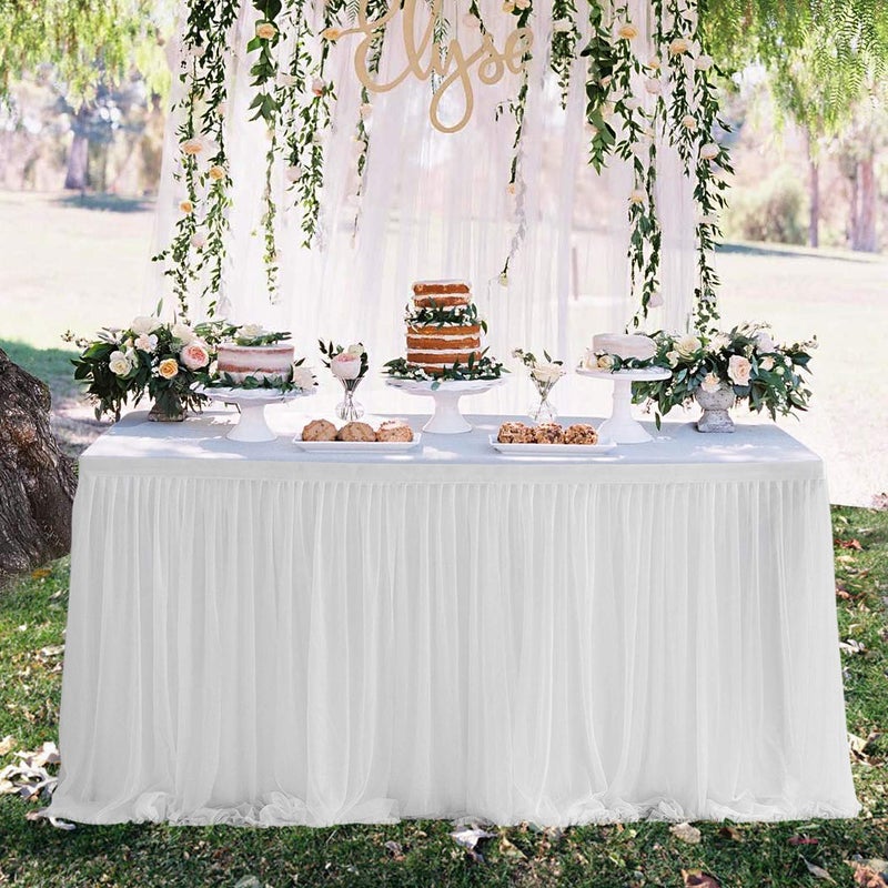 Suppromo 9ft Table Skirt White Tulle Tablecloth Tutu Table Skirt for Wedding Bridal Baby Shower Birthday Party Cake Dessert Buffet Banquet Decorations - Image 3